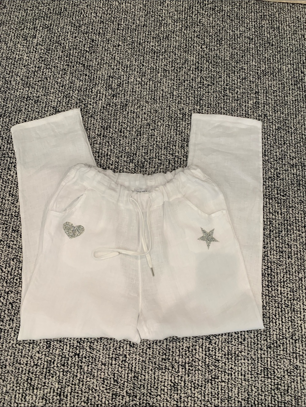 Tempo ParisWhite Drawstring Linen Pants with Glitter Heart & Star. Medium